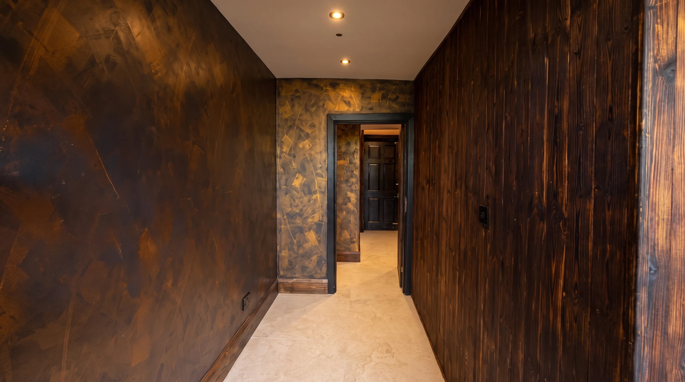 A corridor in the Health Pod studio, with bronze gold-flecked plaster and black shelves on the left, charred timber panelling on the right, and a dark-framed doorway at the far end.