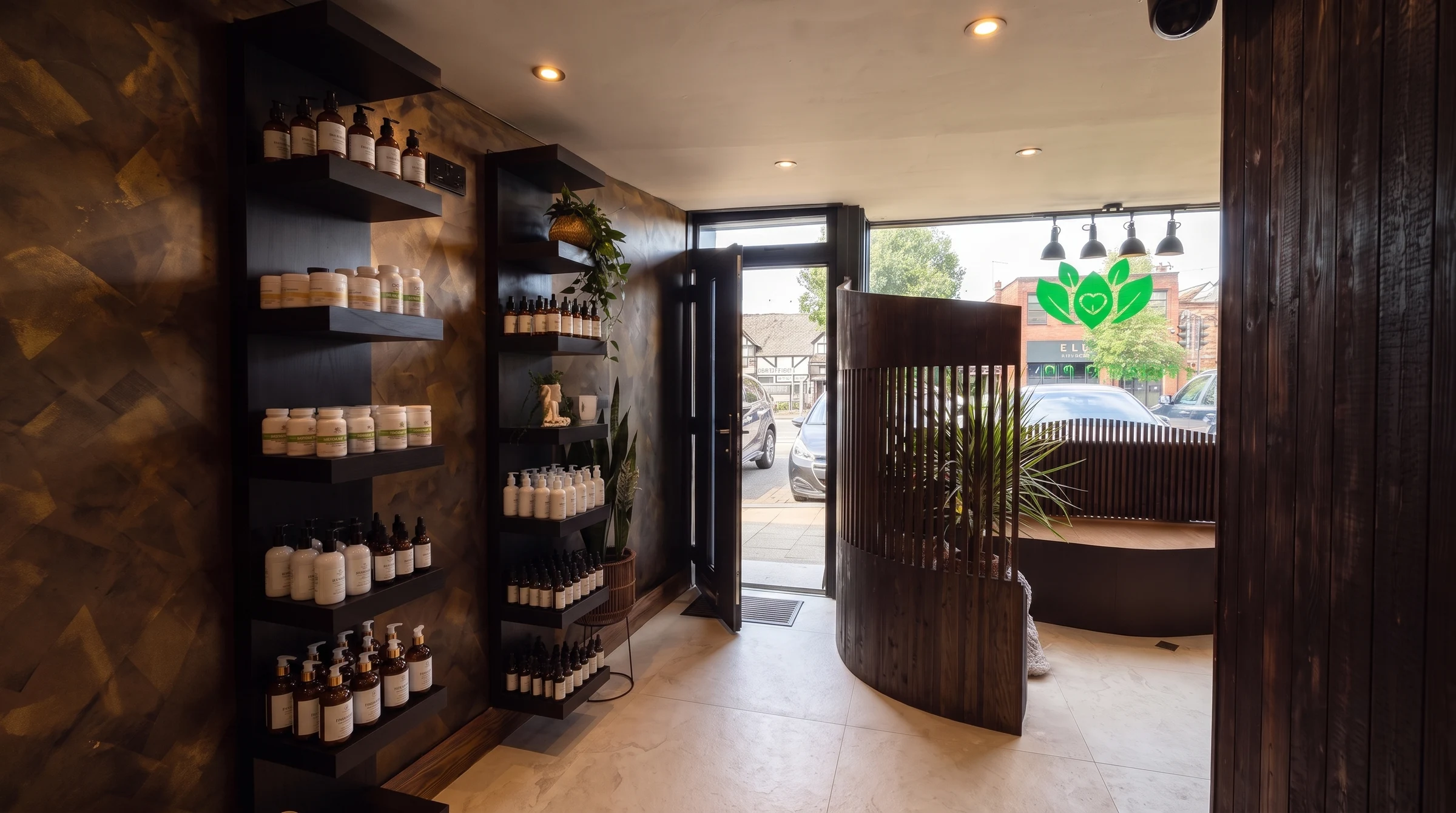 The entrance of the Health Pod studio seen from inside, with shelves of supplements along the left wall, a slatted-timber screen, and the black-framed front door open to the street.