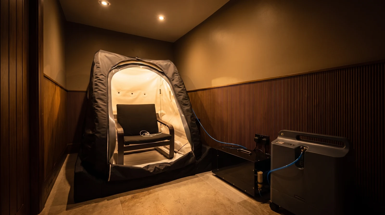 The Health Pod hyperbaric oxygen therapy room: an upright soft-shell chamber with its arched doorway unzipped and open, showing the white interior lining and a black cushioned chair, beside an oxygen concentrator against timber-panelled walls.