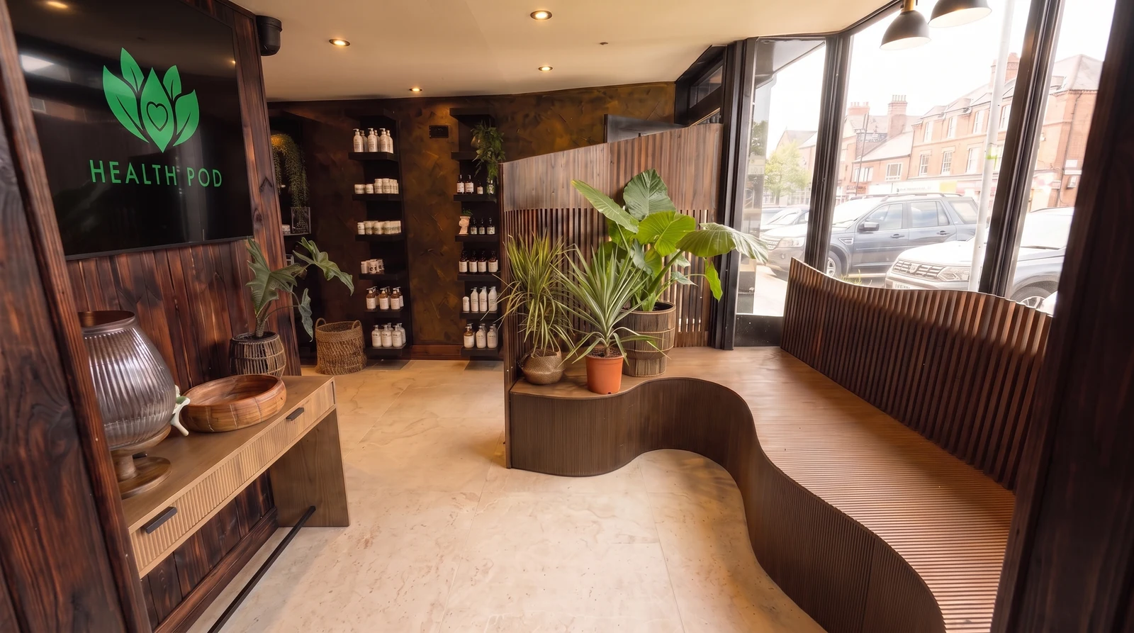 The Health Pod waiting space: a curved fluted-timber bench running along the front windows, potted palms on a raised timber planter, shelves of jars and bottles against a dark timber wall, and the Health Pod logo on a screen.