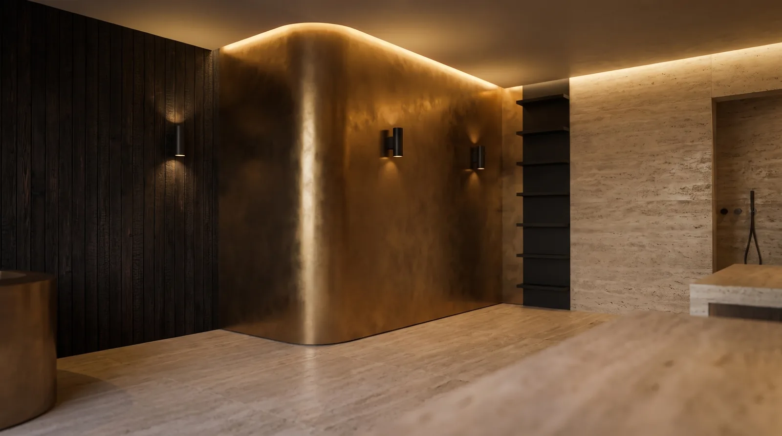 A curved bronze-toned plaster wall glowing under warm, low light.