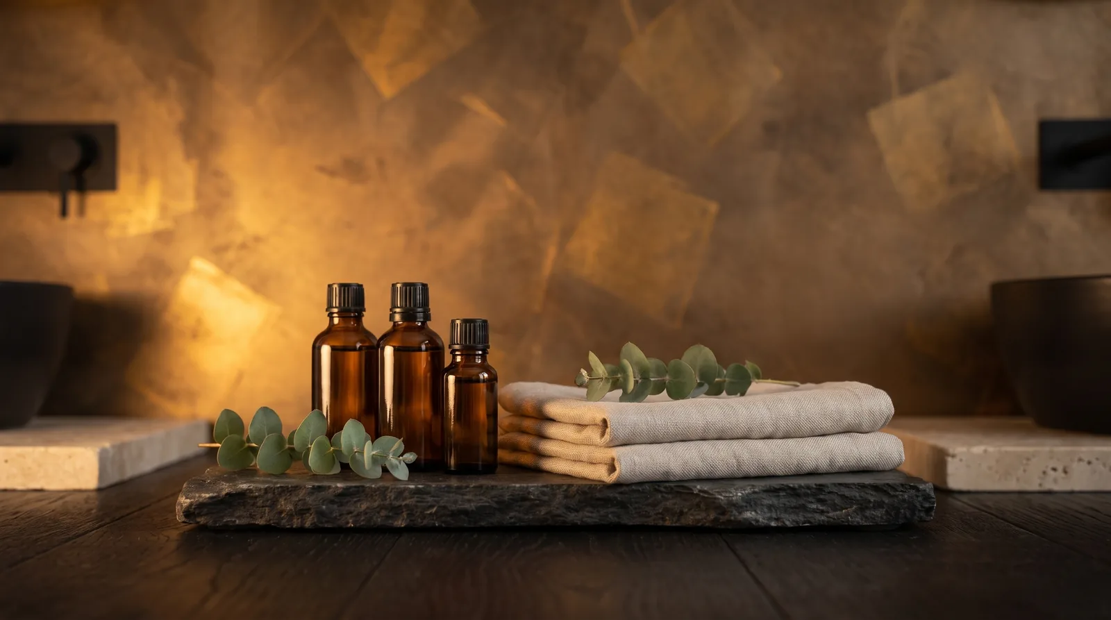 Amber essential oil bottles, eucalyptus sprigs and folded linen towels on a dark stone surface.