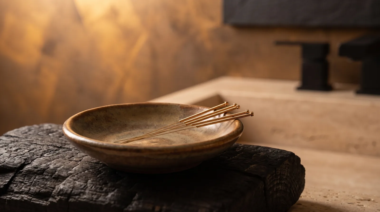 Fine gold acupuncture needles resting in a small ceramic dish on dark stone.