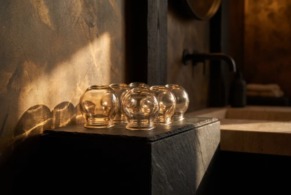 Glass cupping vessels on dark slate in warm light.
