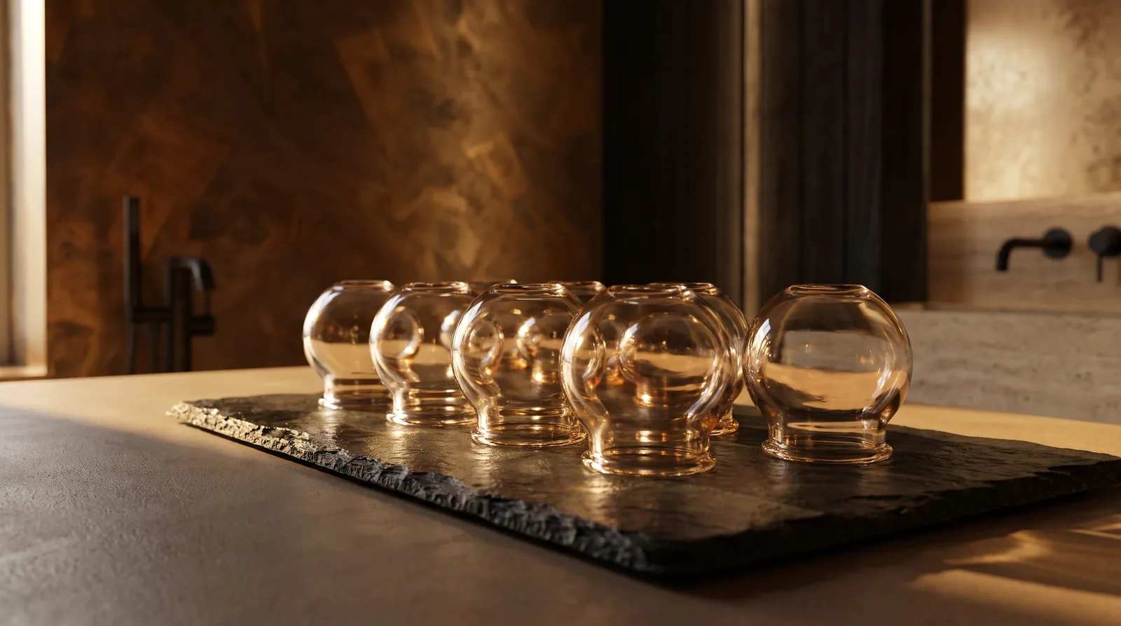 A row of glass cupping vessels on dark slate lit by soft warm side-light.