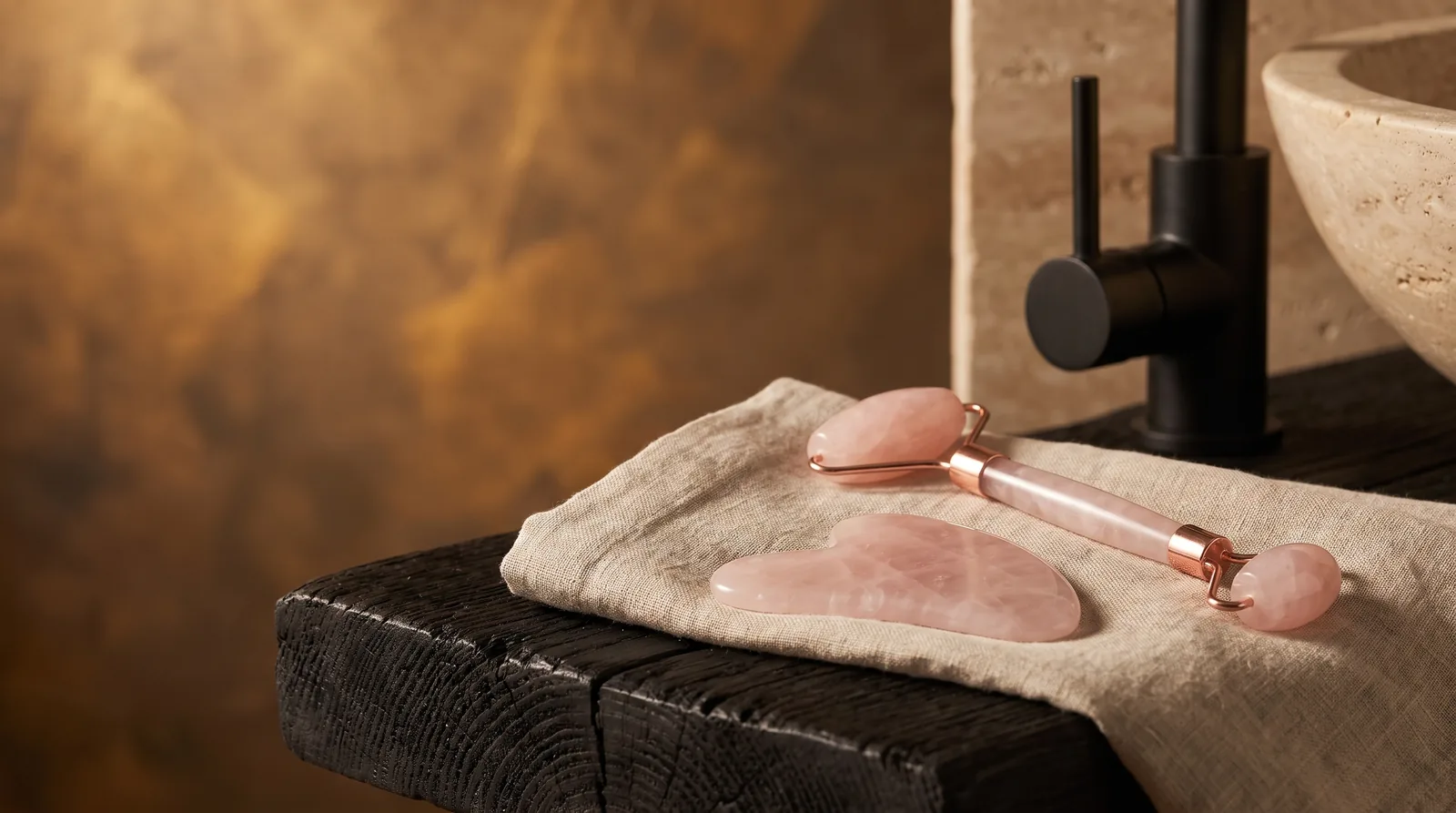 A rose quartz gua sha and facial roller resting on folded natural linen.