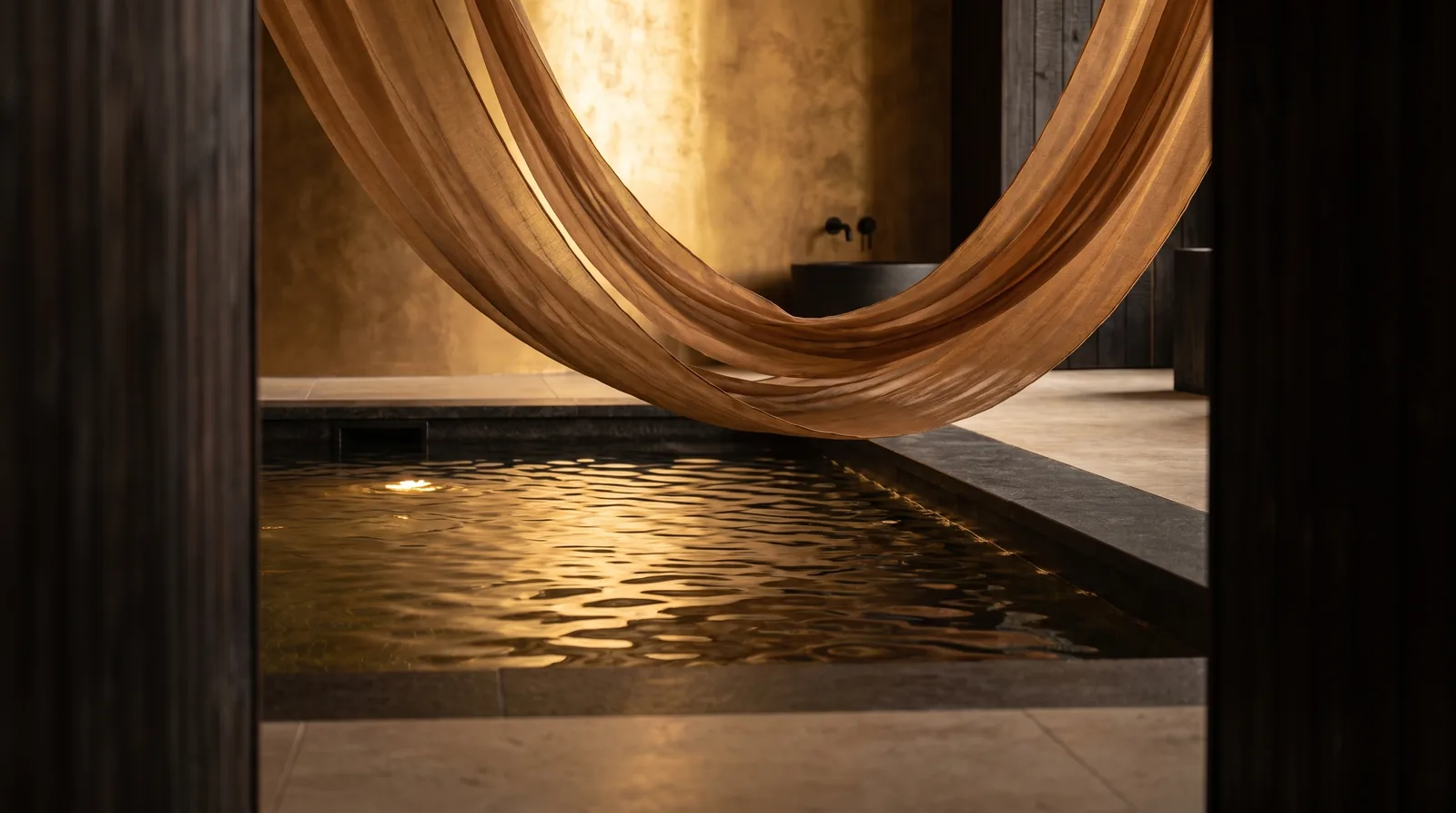 Sheer amber fabric draped above gently rippling water in warm light.