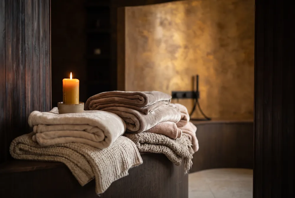 Soft folded blankets beside a lit candle.
