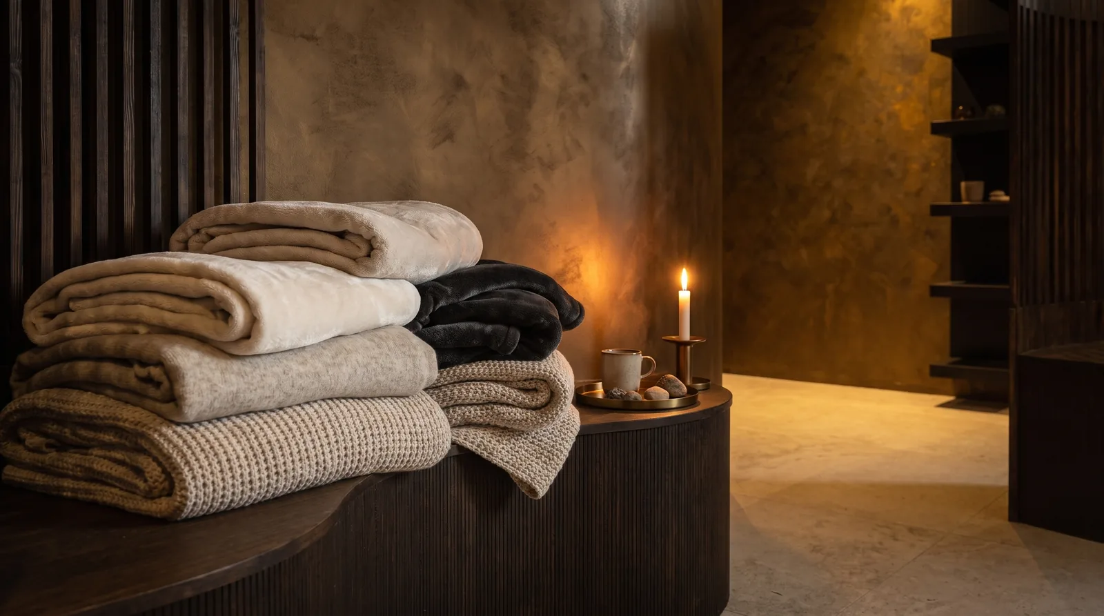 Softly folded blankets beside a lit candle in warm, low light.