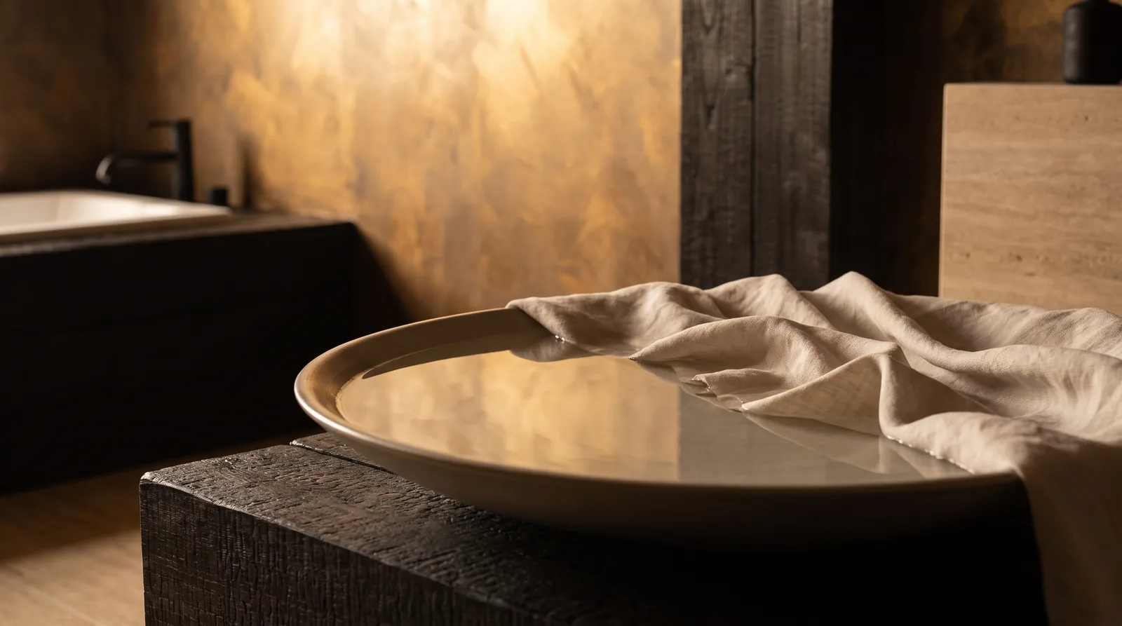 Still water in a round stone basin with a softly draped linen cloth.