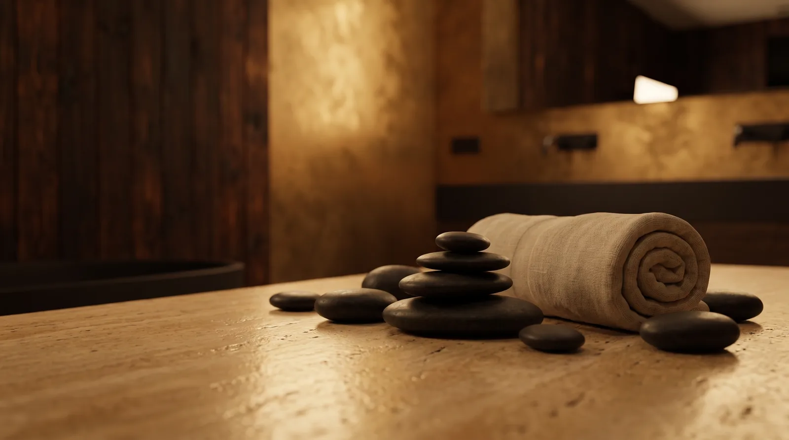 Smooth dark river stones and a rolled linen towel on a warm textured stone surface.