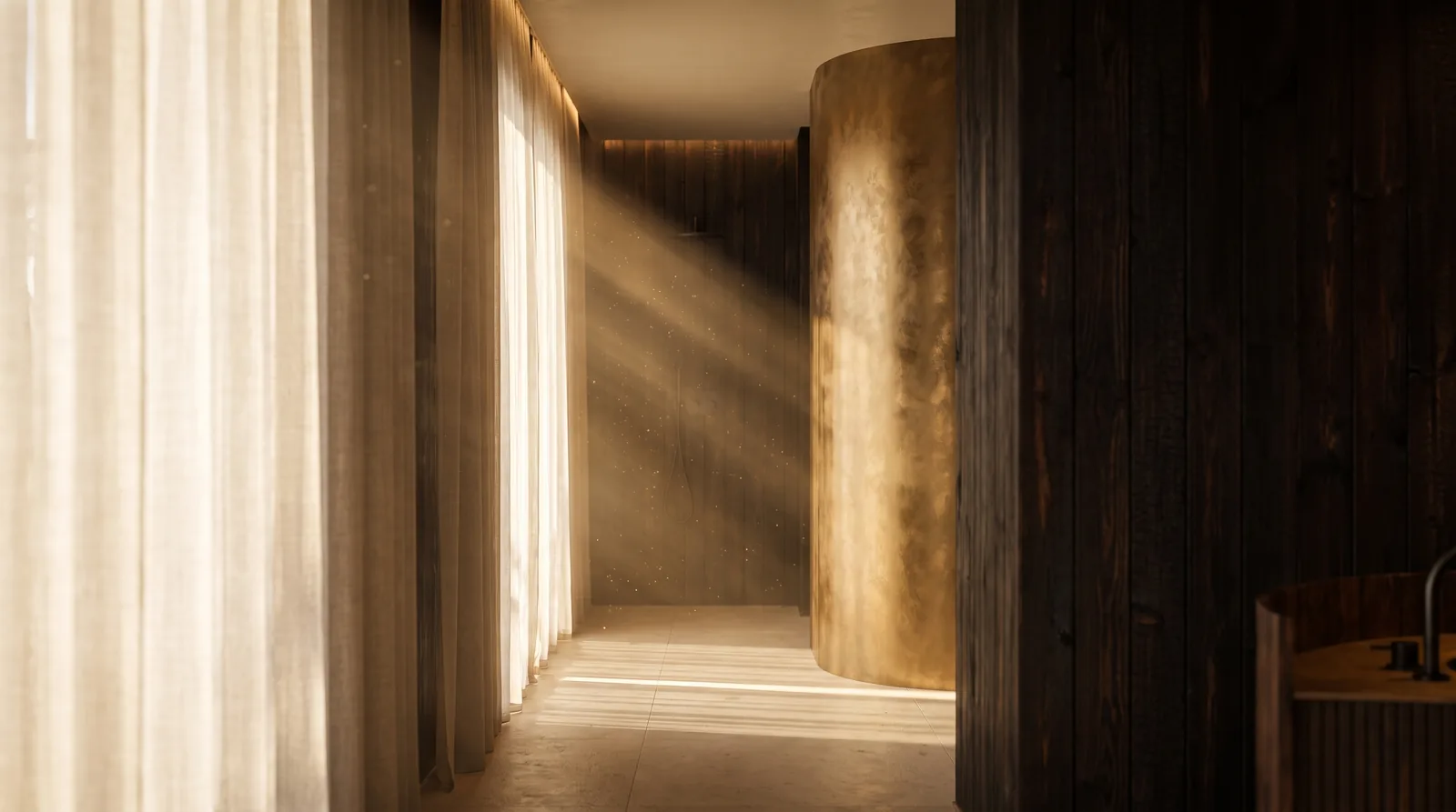 Soft daylight filtering through sheer linen drapery in a calm, dimly lit room.